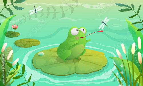 Fototapeta Naklejka Na Ścianę i Meble -  Frog hunting dragonfly on pond, swamp or lake scenery for kids. Background with waterlily grass and reeds. Vector background in watercolor style.