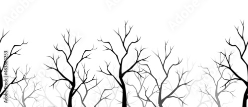 Vector horizontal seamless border with black silhouettes of bare trees on a white background.