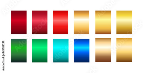 Abstract bright holiday gradient set. Vector red, gold, blue, golden, aquamarine, turquoise gradients. Ribbons, Christmas backgrounds, New year design elements, metallic background collection. 