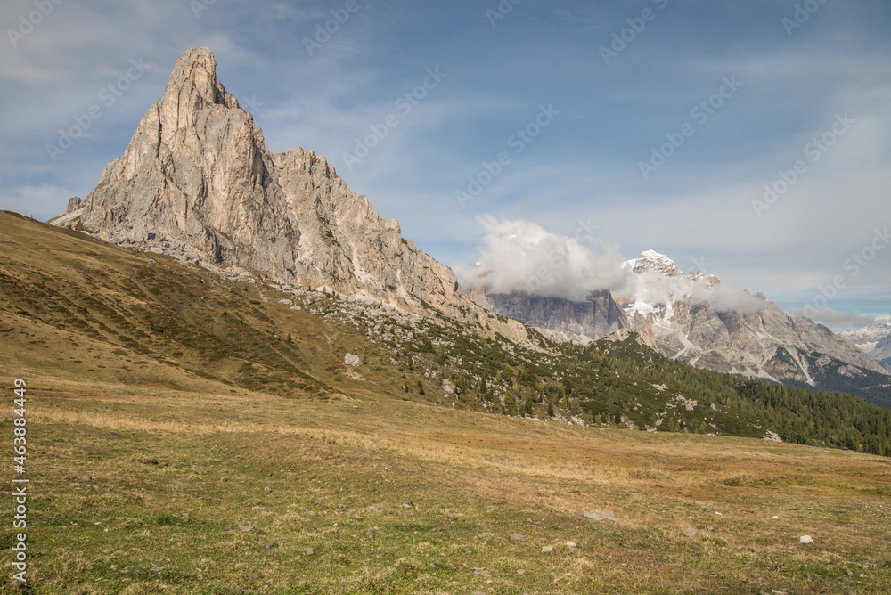 Scenic landscape of Dolomites in Italy during autumn time