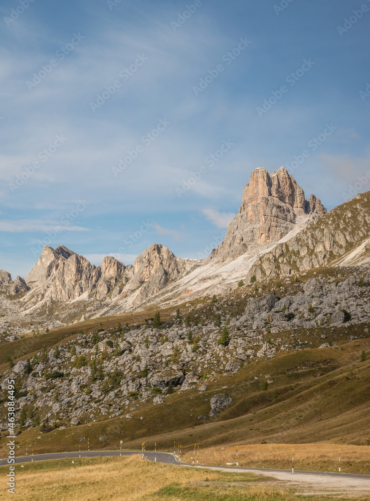 Scenic landscape of Dolomites in Italy during autumn time