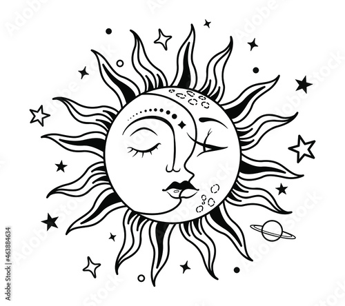 Celestial design. Sun inside the moon. Symbols of magic and alchemy. Vector illustration.