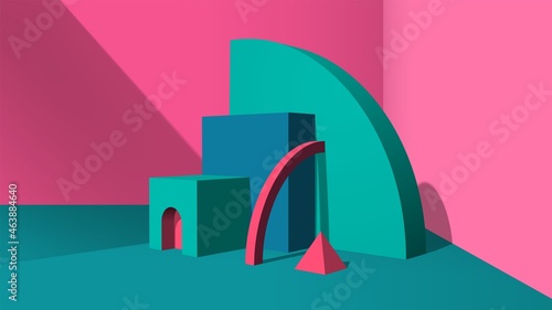 Abstract green 3D objects or elements installation in the pink room for a booklet of banner.