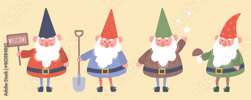 Foto Set of little garden gnomes with beard or dwarfs in hats