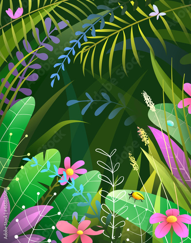 Tropical nature paradise on black background. Peaceful and serene dense jungle with palm leaves and flowers. Tropical dense nature frame. Vector illustration in watercolor style.