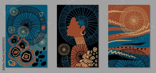 Set of abstract posters with black woman and African motifs. Flat design in dark colors, blue, terracotta, beige and black. Vector backgrounds for print, cover and wall art.