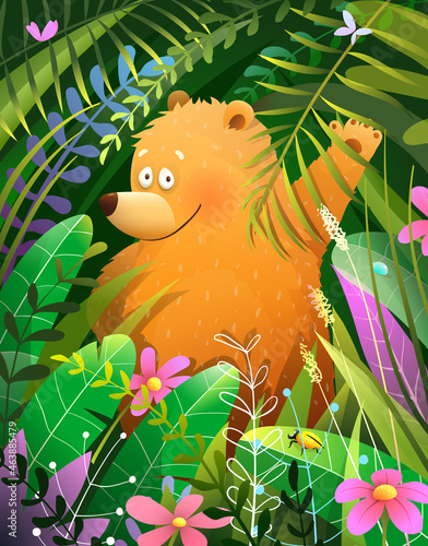 Cute baby bear greeting card for kids, waving from lush foliage in forest or jungle. Children amusing animal design. Vector illustration in watercolor style.