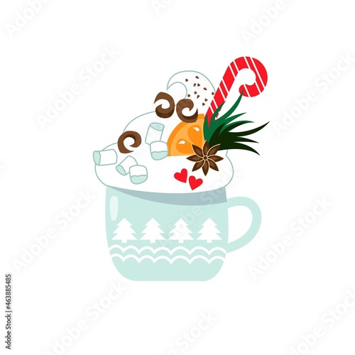 Cocoa. Christmas drink. Festive composition. Vector illustration. Orange slice  cream  chocolate pieces  cinnamon  marshmallows  lollipop. 
