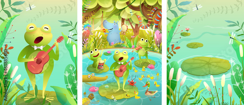Frogs and other pond animals concert on the lake. frog playing guitar and singing song. Collection of swamp animals and nature background, fantasy illustration for children in watercolor style.