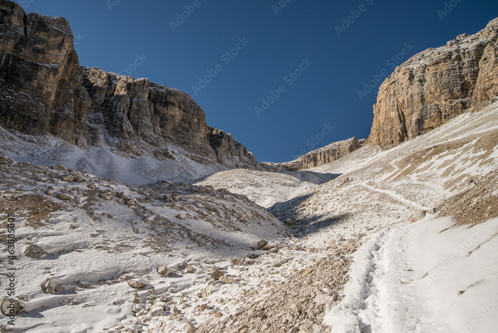 Scenic landscape of Dolomites in Italy during autumn time