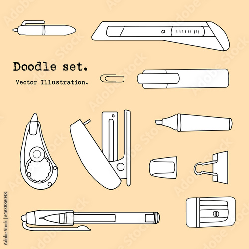 Isolated set of hand drawn stationery. Sketch writing items. Doodle office supplies, Pencil, Pen, correction fluid, marker, Cutter. Cartoon design elements for infographic, web design. School
