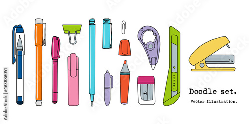 Isolated set of hand drawn stationery. Sketch writing items. Doodle office supplies, Pencil, Pen, correction fluid, marker, Cutter. Cartoon design elements for infographic, web design. School
