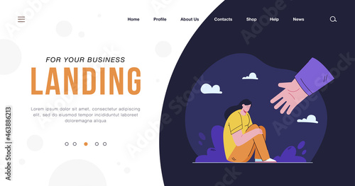Unhappy girl sitting in depression and hand helping her flat vector illustration. Cartoon sad woman embracing knees in melancholy and waiting for support. Stress and psychology concept