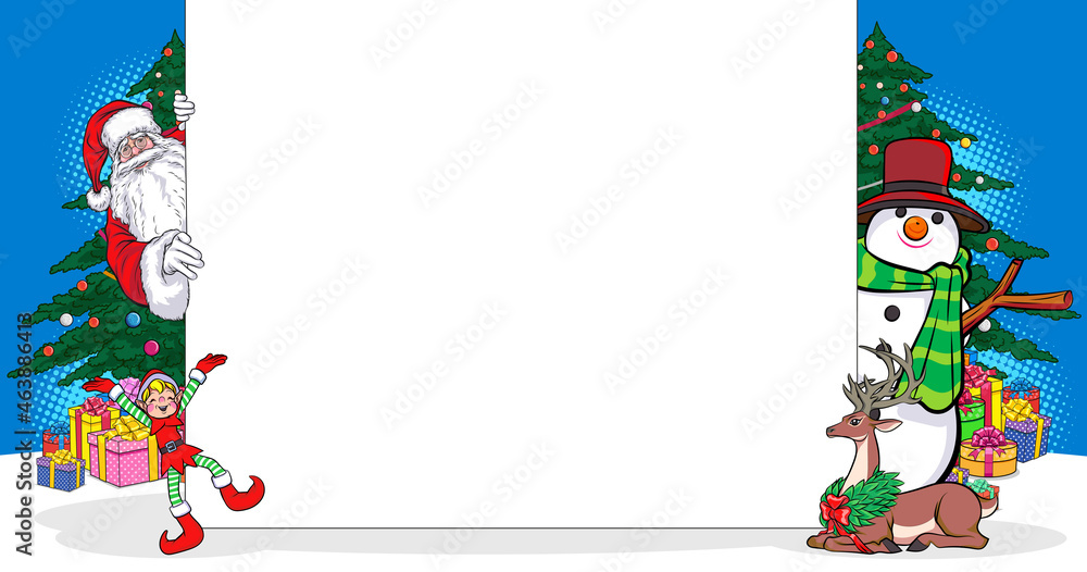 Fototapeta premium peeking santa claus with White board and snowman elf rain deer