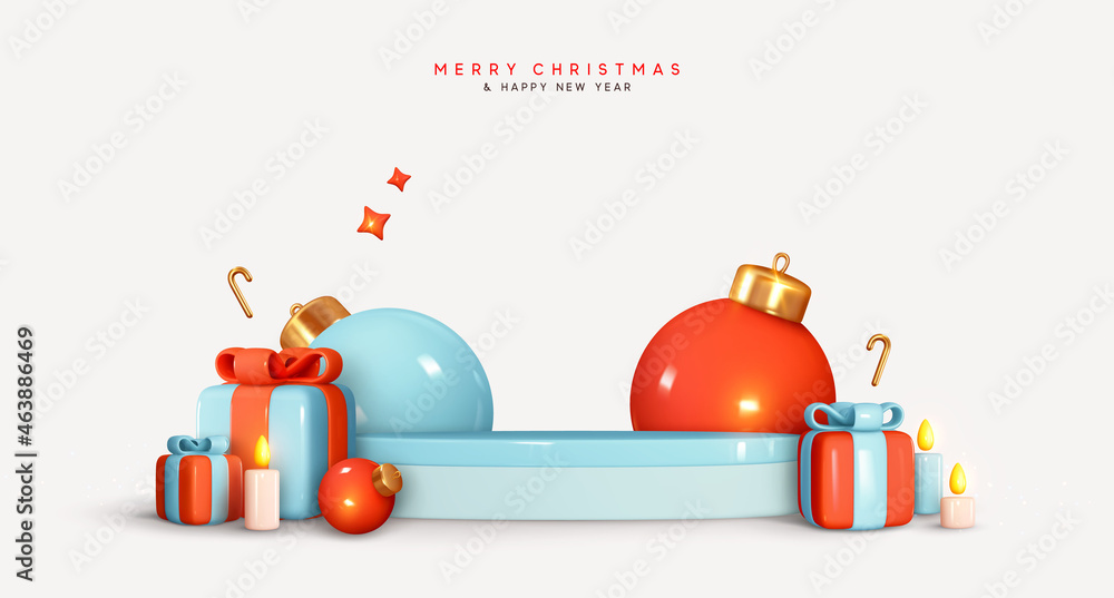 Christmas and New Year festive blue round podium studio with realistic 3d bauble balls, gift box. Modern Creative holiday template. Xmas winter composition. Banner and web poster, cover and brochure