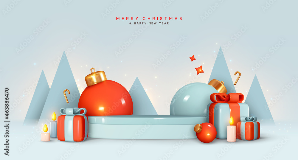 Christmas and New Year festive blue round podium studio with realistic 3d bauble balls, cone trees, gift box. Creative holiday template. Xmas winter composition. Banner and web poster, cover, brochure - obrazy, fototapety, plakaty 