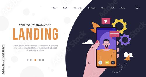 Human hand holding mobile phone with video chat flat vector illustration. Cartoon man talking with friend from smartphone screen. Digital technology and retail concept