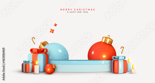 Christmas and New Year festive blue round podium studio with realistic 3d bauble balls, gift box. Modern Creative holiday template. Xmas winter composition. Banner and web poster, cover and brochure