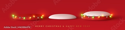 Christmas podium, round scene. Red and white Studio snowdrift. Stand for Promotion Product. Xmas Realistic 3d design. Minimal New year background. Modern Creative holiday template. Banner and poster.