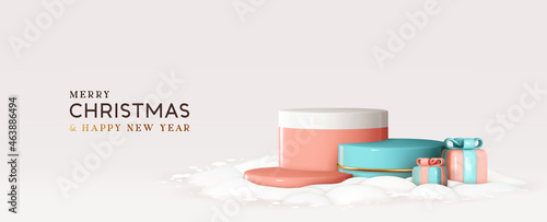 Christmas podium, Realistic vector 3d round scene pink and blue. Xmas studio with white snow drifts and gifts boxes. Minimal New year background. Modern Creative holiday template. Banner and poster.