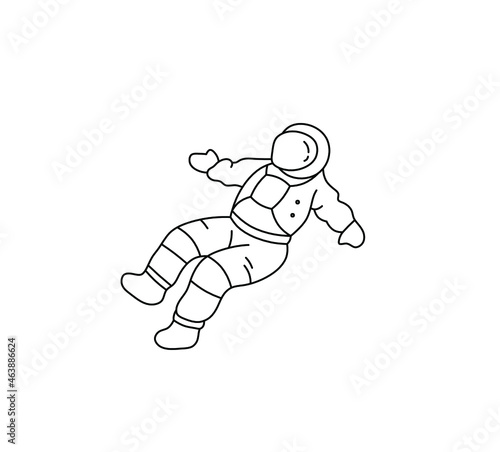 Vector isolated flying cosmonaut in zero gravity contour line drawing. Colorless black and white flying astronaut line silhouette