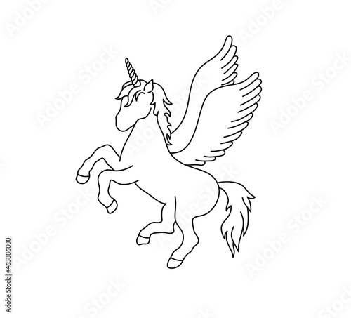 Vector isolated winged unicorn Alicorn contour line drawing. Colorless black and white pegasus unicorn coloring page. 