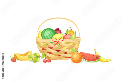 Ripe Fruit in Basket as Seasonal Harvesting and Yield Vector Illustration