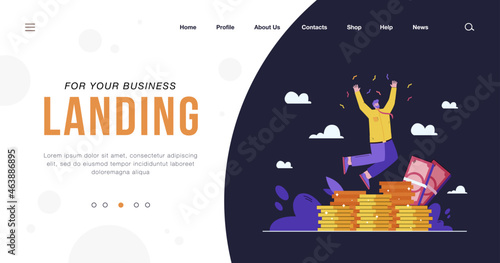 Cheerful rich banker jumping and celebrating trade success flat vector illustration. Cartoon happy businessman getting salary or income. Market growth and finance concept