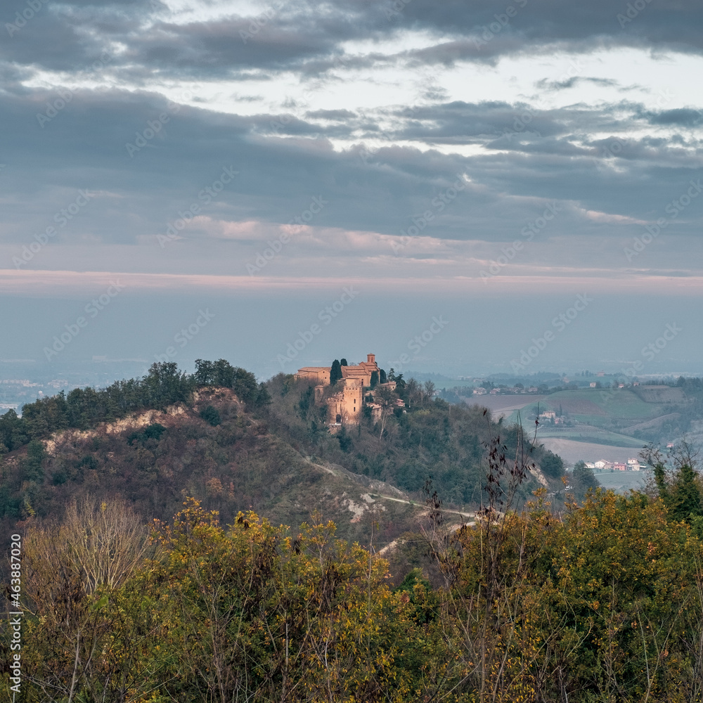The old borough of Moteveglio. Hills in the southwest of Bologna; production area of typical wine named Pignoletto. Bologna province, Emilia Romagna, Italy.