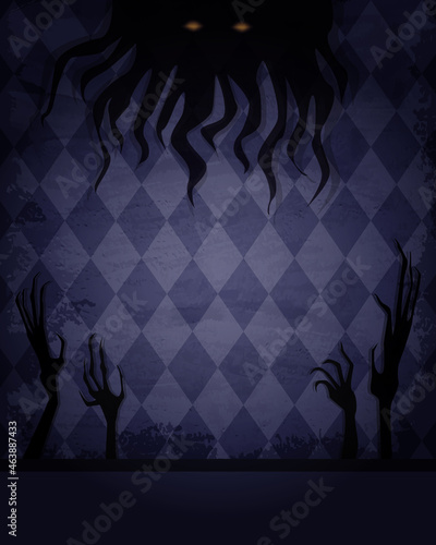 Aged old room with grunge wallpaper, shadow of spooky creature and creepy hands for Halloween design