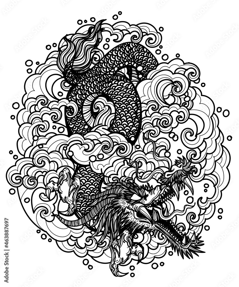 Fototapeta premium Tattoo art dargon in the tides hand drawing sketch black and white