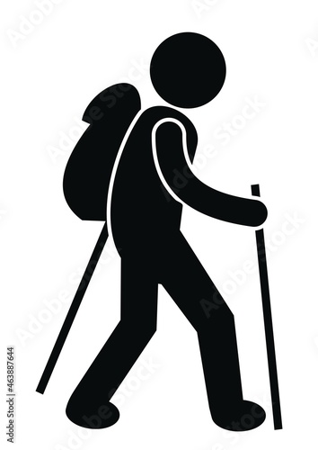Hiker with backpack and sticks, black silhouette, vector symbol