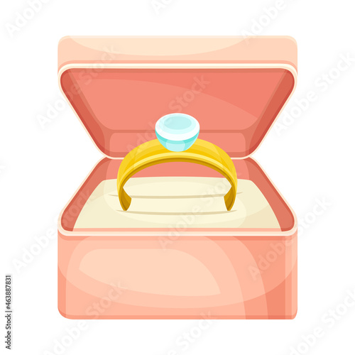 Wedding Golden Ring with Gem Rested in Pink Box Closeup Vector Illustration