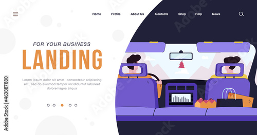 Rear view from backseat of driver and passenger in car isolated flat vector illustration. Cartoon couple driving on nature. Travel, safety speed road and navigation concept