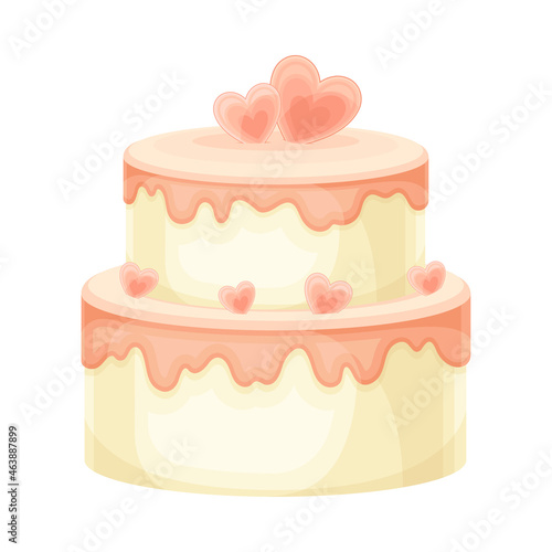 Wedding Cake and Sweet Pastry with Heart Decor Closeup Vector Illustration