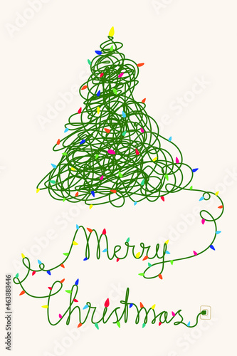 Funny Christmas card design, Christmas lights tangled up to shape Christmas tree and words Merry Christmas on beige background, vertical