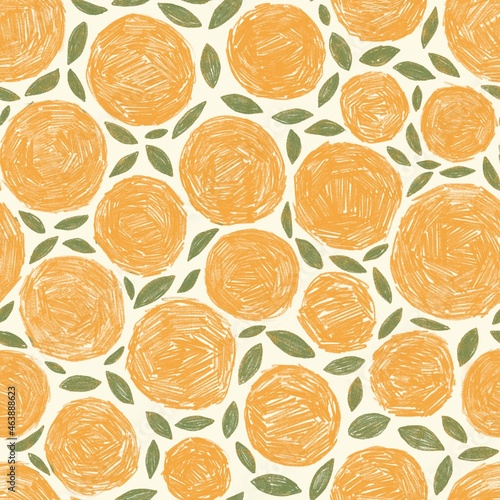Fruit Seamless Pattern hand drawn illustration. Hand drawn textured  abstract oranges, peaches, tangerines in natural orange and green colors. For textile fabric design, wrapping paper, scrapbooking