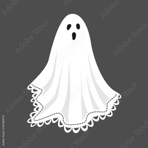 Cute ghost in a vintage sheet decorated with lace trimming. Template for Halloween decorative design. Isolated vector illustration