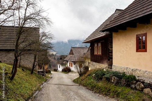 The street between houses in traditional folk historic Vlkolinec open air museum near Ruzomberok city in Slovakia