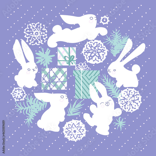 Illustration with Christmas hares, gifts, snowflakes, fir branches.