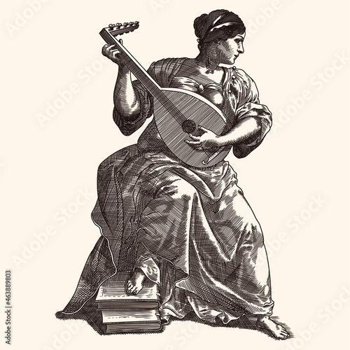 A young ancient Greek woman with a stringed musical instrument in her hands sits and plays. Medieval engraving.