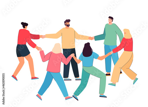 Adult people holding each others hand and leading round dance. Men and women going in circles together flat vector illustration. Friendship, family, multicultural society concept