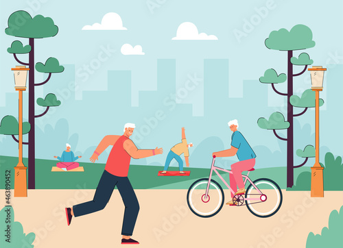 Old athlete men and women running in city park, riding bicycle, doing active exercises. Active grandmothers in nature flat vector illustration. Healthy lifestyle, sanatorium for pensioners concept