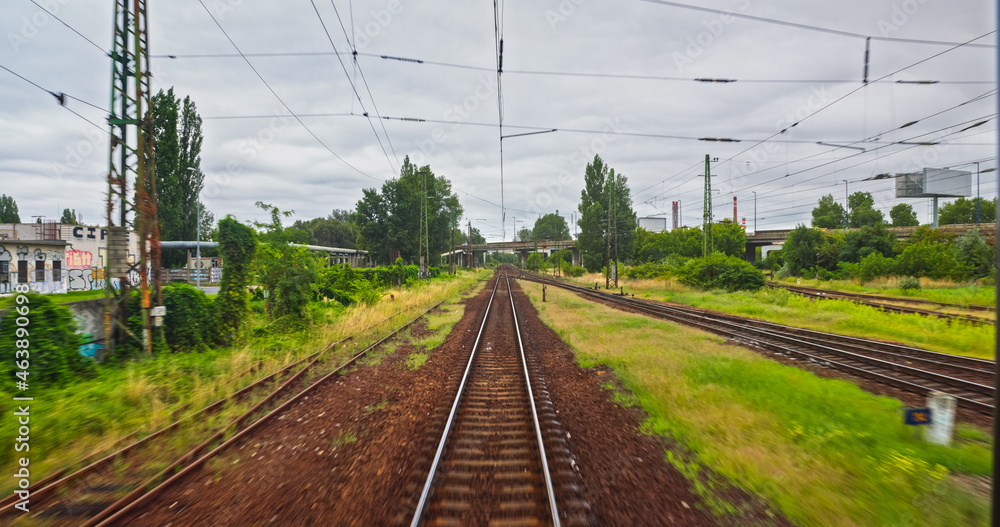 Point of view train travel under cloudy sky Point of view train travel under cloudy sky