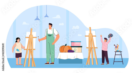 Portrait of painter and kids in front of easels learning drawing. Art teacher giving lesson to children at school flat vector illustration. Painting class, art, hobby, education concept