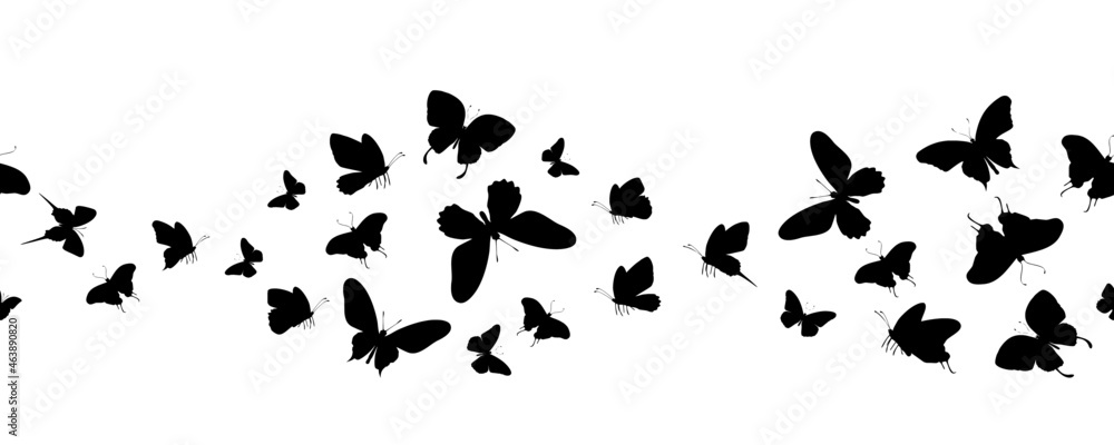 Seamless flock of silhouette black butterflies on white background. Vector Seamless flock of silhouette black butterflies on white background. Vector