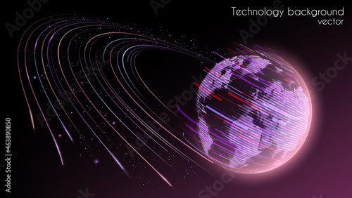 Blue abstract futuristic background. Vector. Plasma clot of energy. Glowing rays with flickering particles. Glitch effect. Science and technology. Sound and radio waves. Glow and dynamic movement.