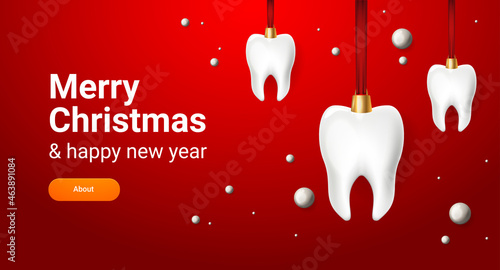 Christmas Dentist banner with 3d teeth on ribbon. Merry Christmas dental poster. Happy new year. Vector