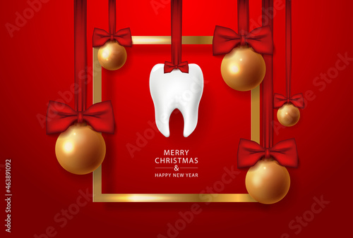 Christmas Dentist banner with 3d teeth on ribbon in golden frame. Merry Christmas dental poster. Happy new year. Vector