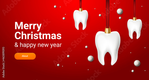 Christmas Dentist banner with 3d teeth on ribbon. Merry Christmas dental poster. Happy new year. Vector
